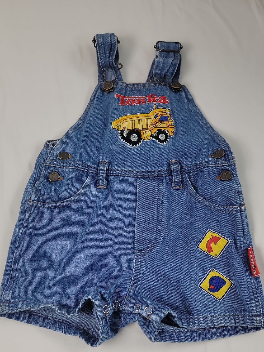 Vintage 90s Y2k Tonka Denim Short Overalls with Yellow Dump Truck Patch